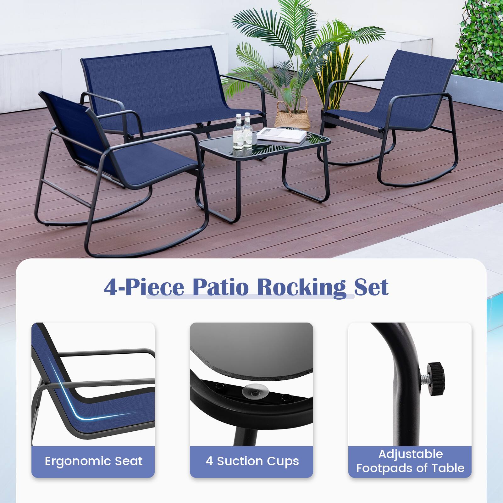 The image features a 4-piece patio rocking set, which includes an ergonomic seat with four suction cups and adjustable footpads on the table. The set is designed to provide comfort and stability while enjoying outdoor activities.
