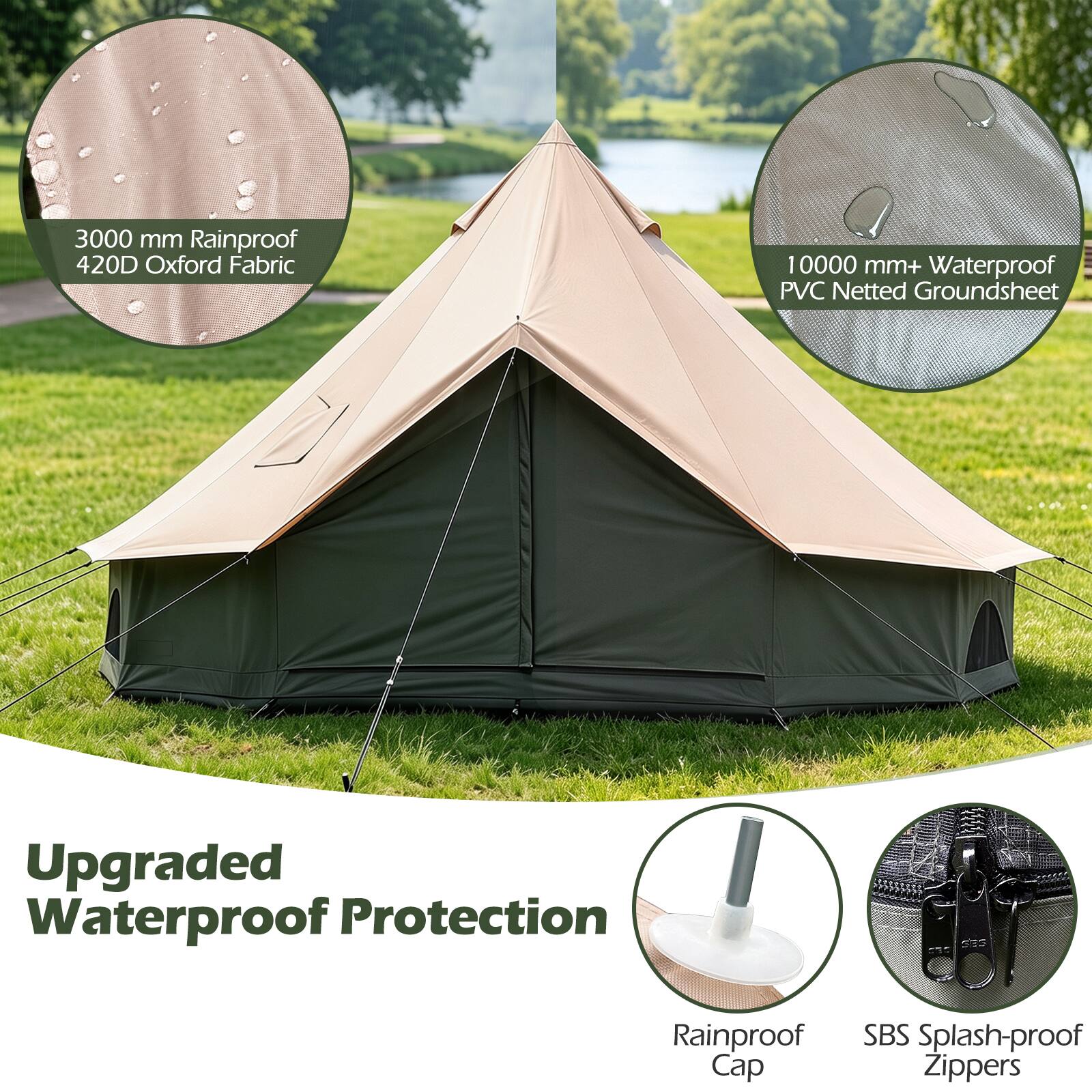 3000 mm Rainproof 420D Oxford Fabric  
10000 mm+ Waterproof PVC Netted Groundsheet  
Upgraded Waterproof Protection  
Rainproof Cap  
SBS Splash-proof Zippers