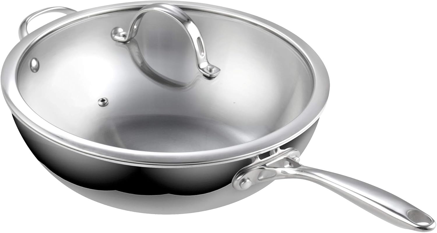 Alt View 3. Cooks Standard - Multi-Ply Clad 12 Inch Stainless Steel Wok Pan, Stir Fry Pan with Glass Lid, Induction ,Dishwasher & Oven Safe - stainless Steel.