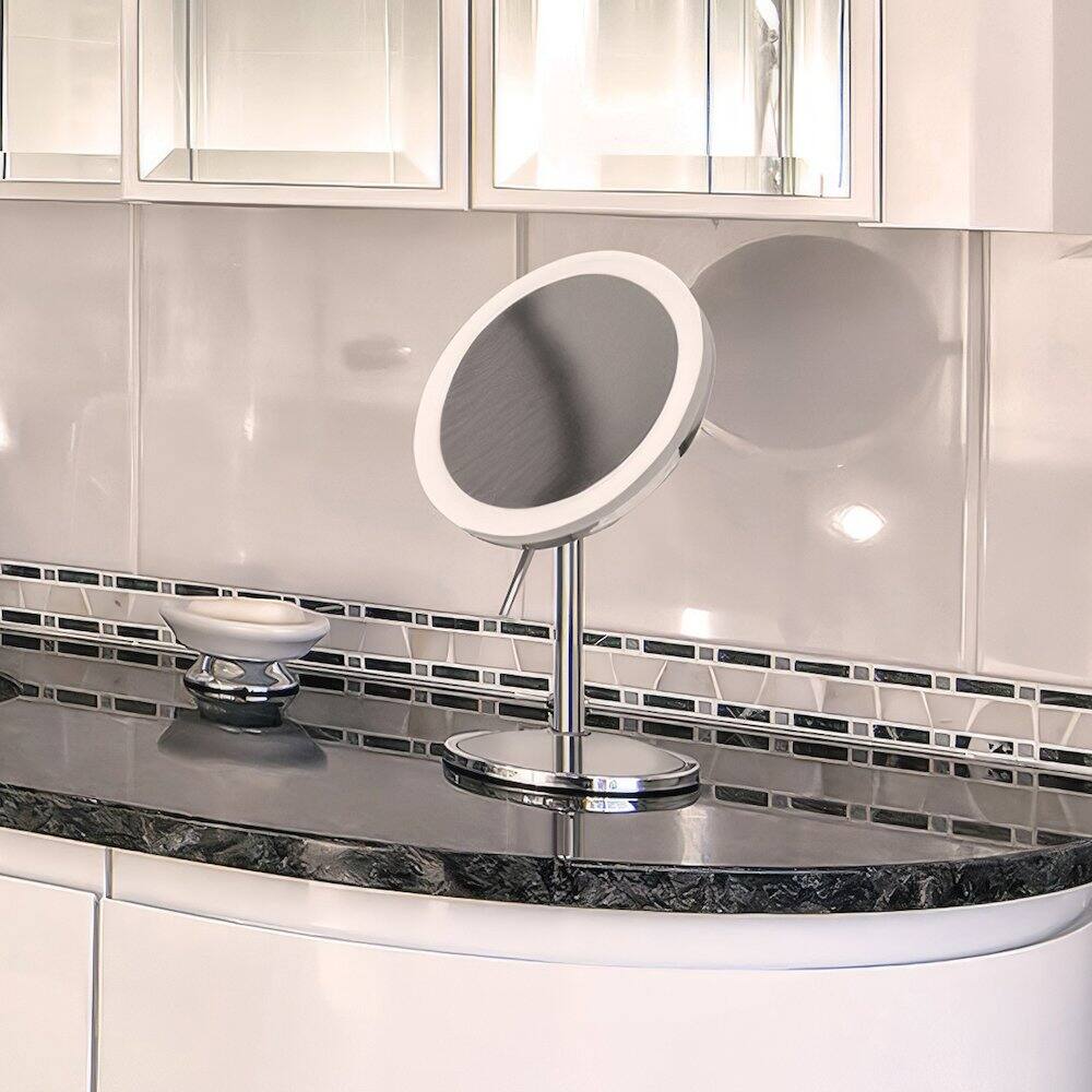 Angle. Whitehaus - Round Freestanding Led 5X Magnified Mirror - Silver.
