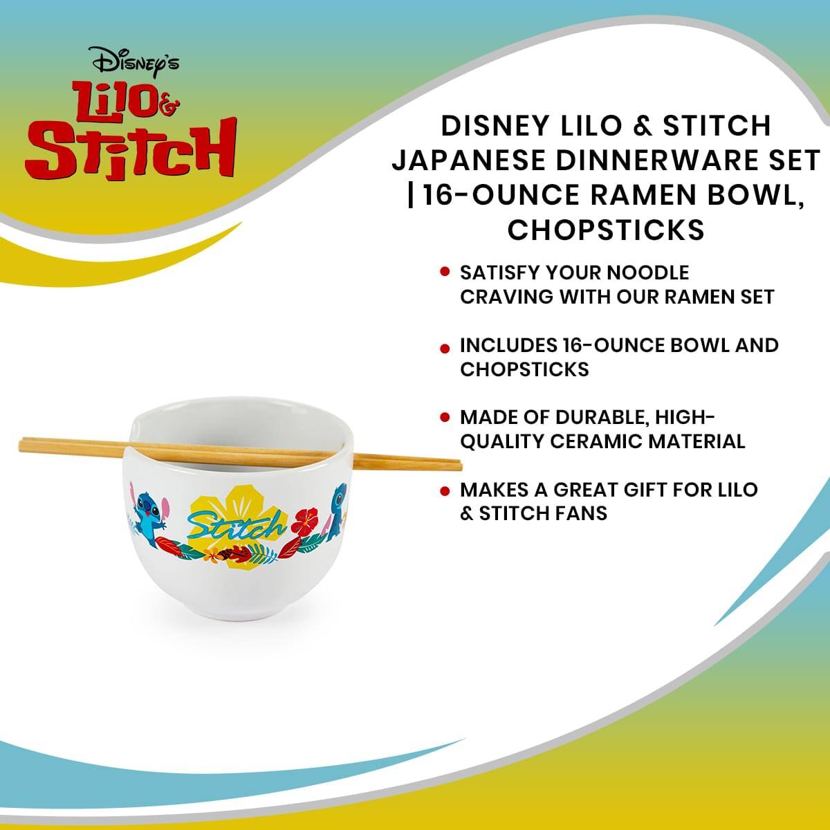 Disney's Lilo & Stitch Japanese Dinnerware Set 16-Ounce Ramen Bowl, Chopsticks

- Satisfy your noodle craving with our ramen set
- Includes 16-ounce bowl and chopsticks
- Made of durable, high-quality ceramic material
- Makes a great gift for Lilo & Stitch fans