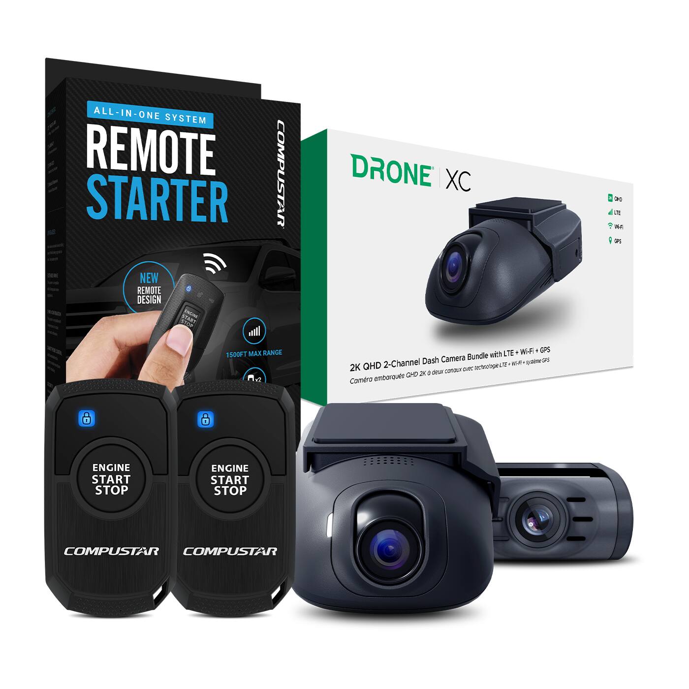 The image features a bundle of products from Compustar, including a remote starter, a drone, and a dash camera. The remote starter is designed to control the engine start and stop function of a vehicle. The drone is a small, portable device that can be used for aerial photography and video recording. The dash camera is a compact device that can record high-quality video footage while the vehicle is in motion. The bundle also includes a 2K QHD 2-channel dash camera, which can capture both the front and rear views of the vehicle. The products are displayed in a box, showcasing the various features and benefits of each item.