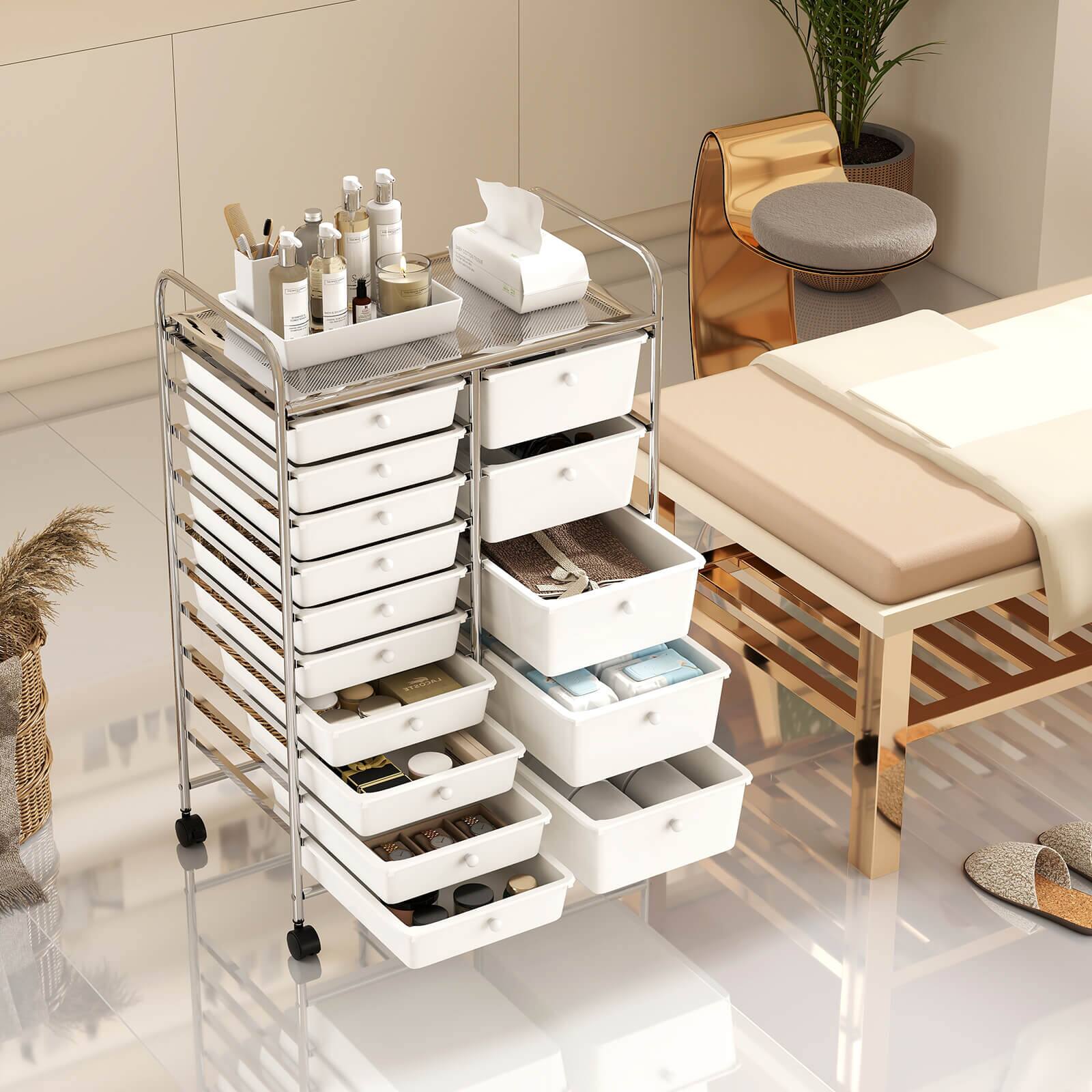 Alt View 5. Costway - Costway 15-Drawer Trolley with Chrome Plated Metal Frame & Lockable Universal Wheels - White.