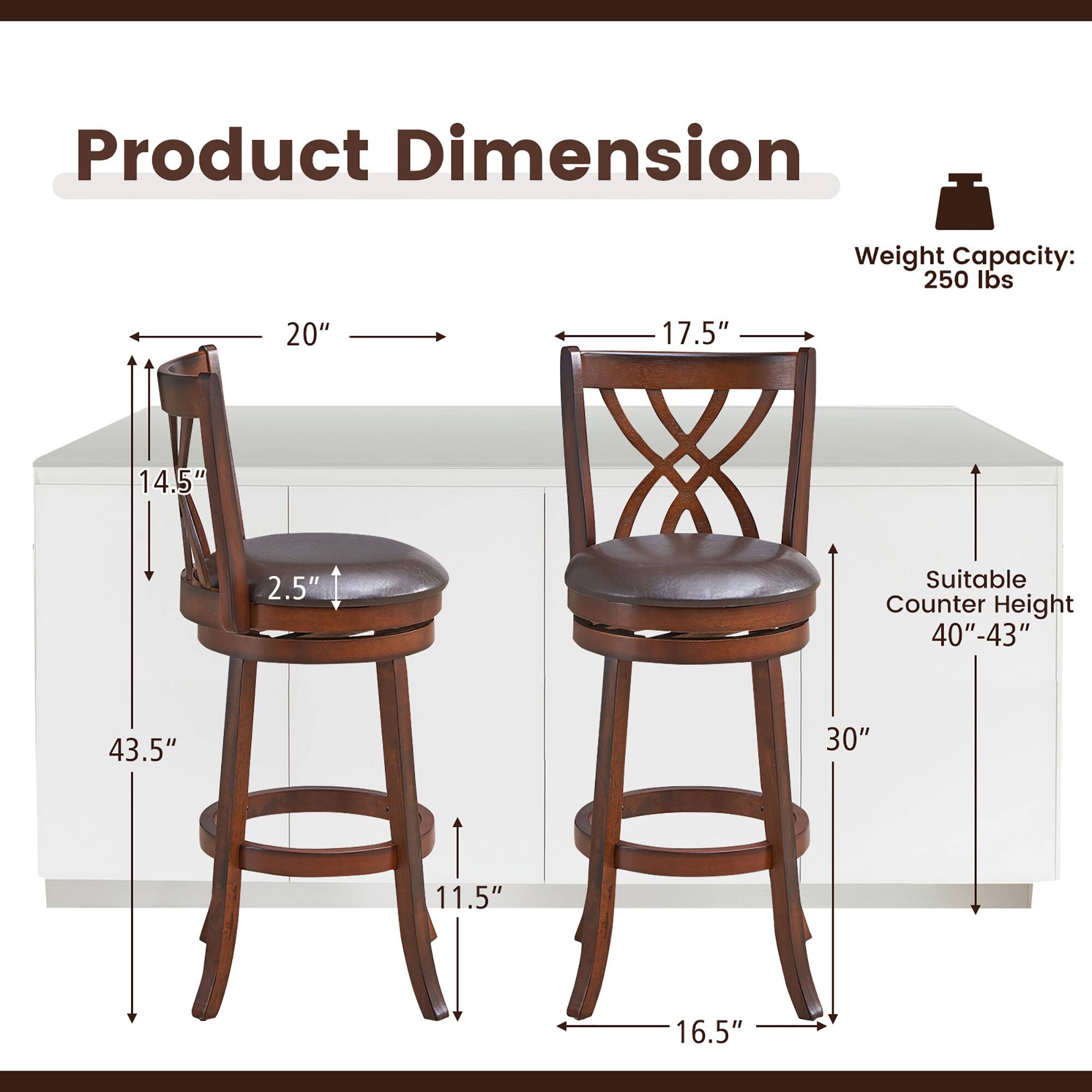 Product Dimension: 20", 17.5", 14.5", 2.5", 43.5", 30", 11.5", 16.5"

Weight Capacity: 250 lbs

Suitable Counter Height: 40"-43"