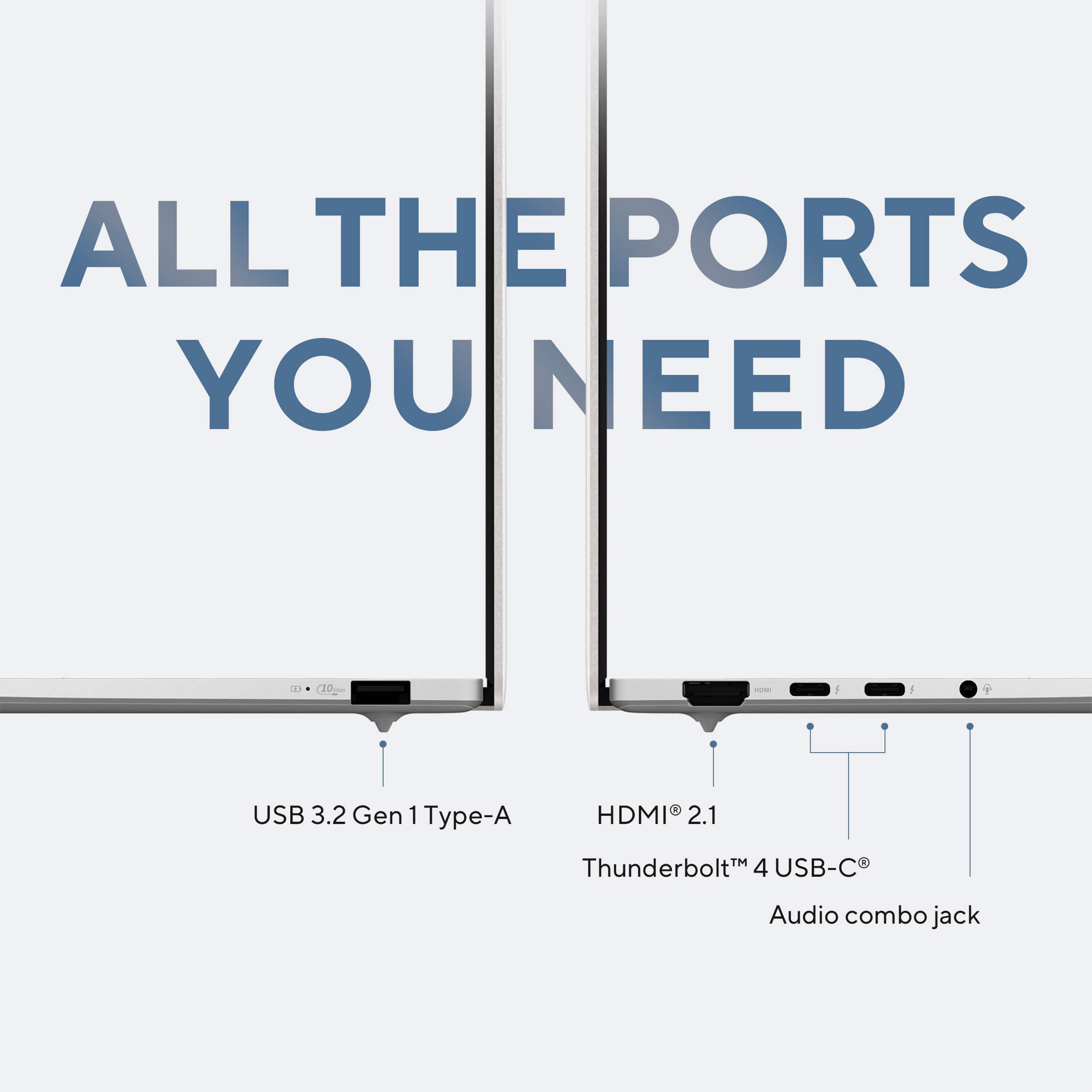All the ports you need: USB 3.2 Gen 1 Type-A, HDMI 2.1, Thunderbolt 4, USB-C, and Audio combo jack.