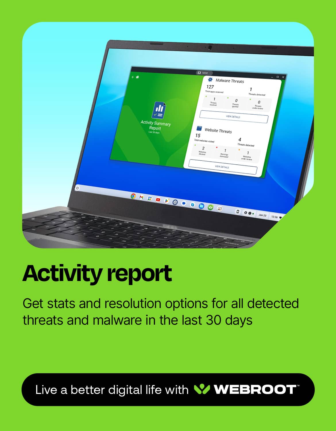 Activity Summary Report - Get stats and resolution options for all detected threats and malware in the last 30 days. Live a better digital life with WEBROOT.