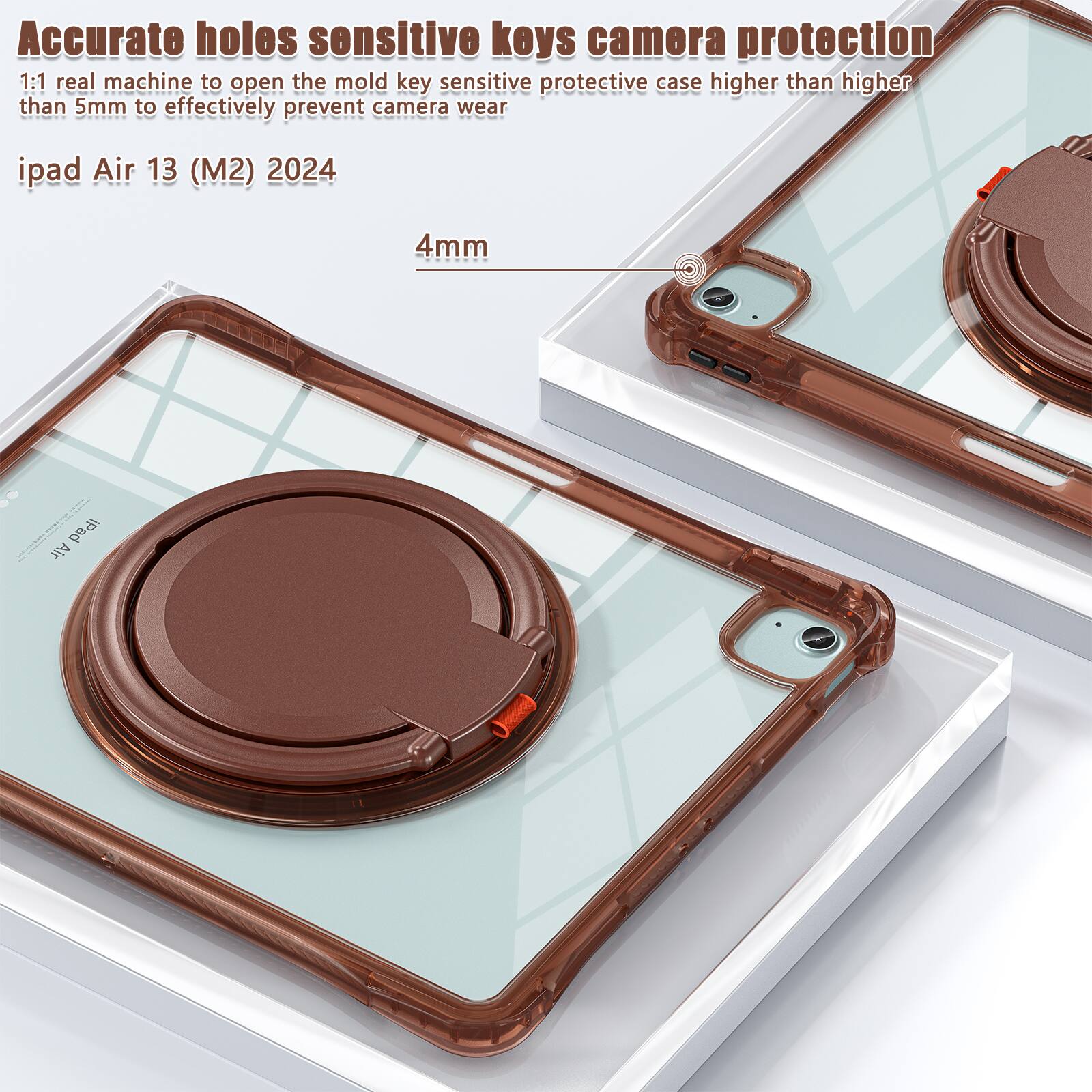 Accurate holes sensitive keys camera protection  
1:1 real machine to open the mold key sensitive protective case higher than higher than 5mm to effectively prevent camera wear  
iPad Air 13 (M2) 2024  
4mm