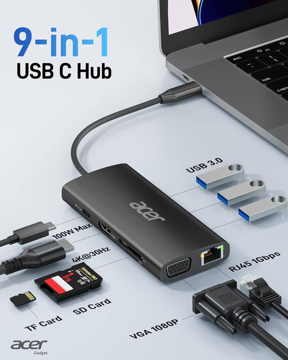 9-in-1 USB C Hub  
USB 3.0  
3 USB  
Max 100W  
4K@30Hz  
1Gbps  
RJ45  
SD Card  
TF Card  
VGA 1080P