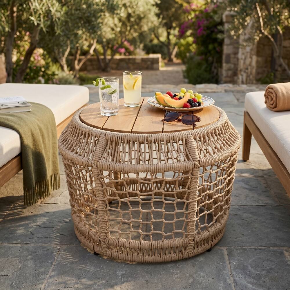 Loheer - Round Acacia Wood Side Table Woven Rope Outdoor Accent Table Teak Finish - Light Beige