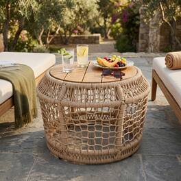 Loheer - Round Acacia Wood Side Table Woven Rope Outdoor Accent Table Teak Finish - Light Beige