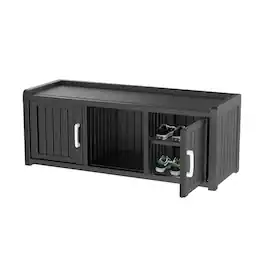 Yardgrace - Outdoor Shoe Storage Cabinet, Waterproof UV-Resistant Entryway Storage Bench Indoor Outdoor with 2 Barn Doors - Black