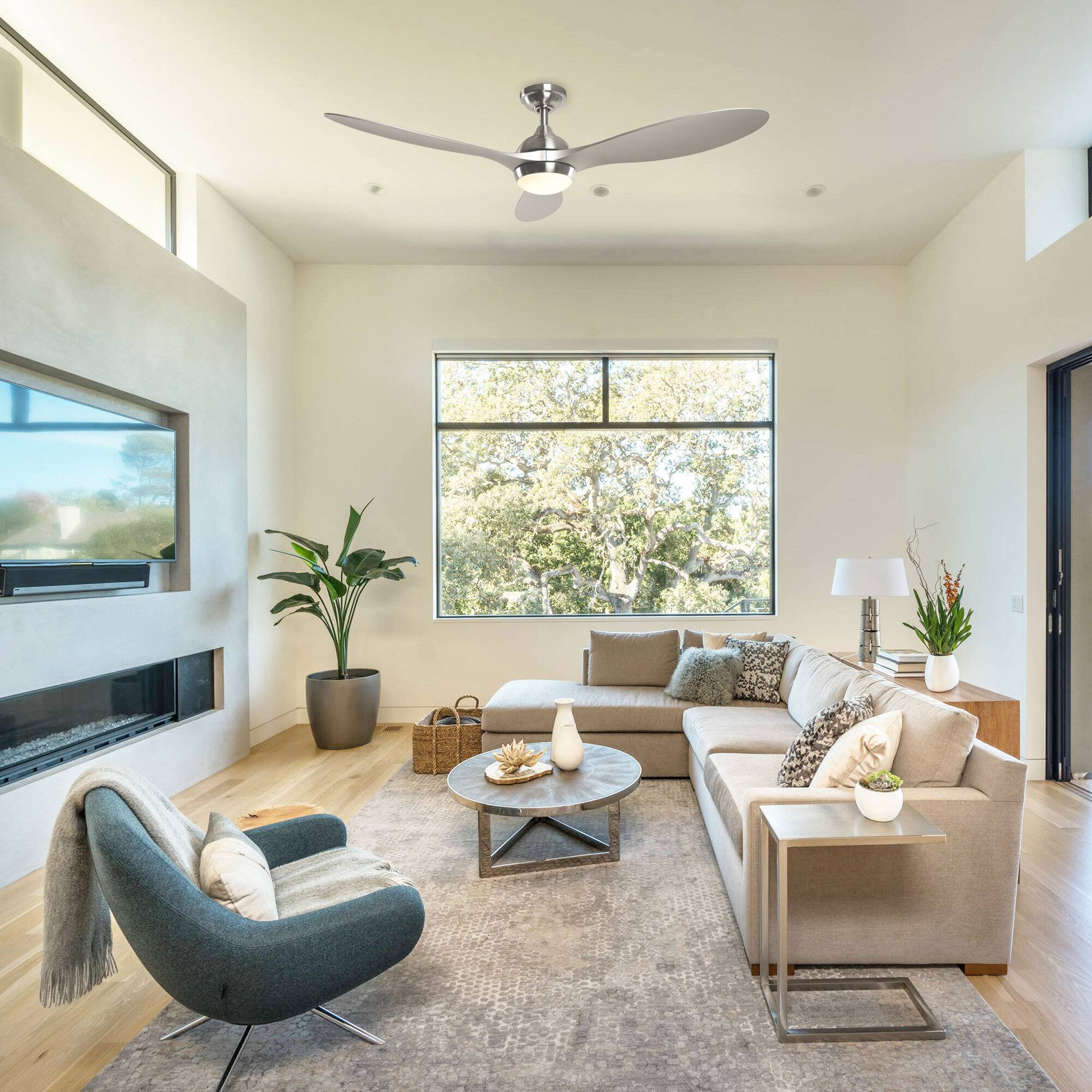 Left. Parrot Uncle - 56 in. Integrated LED Brushed Nickel Downrod Mount Ceiling Fan with Light and Remote - Brushed Nickel.