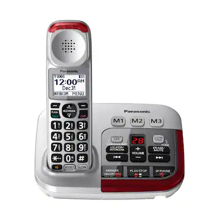 Panasonic
TECO 1
12:00 AM
Dec.31
INTERCOM MENU
VOL. C.
REDIAL
FLASH
CID
TALK OFF
1
2 A
3 i
4 GHI
5 JKL
6
7
8 UO
9 NO2
* Ara
0
#
BOOST
SLOW
Panasonic
M1
M2
M3
RINGER OFF
SLOW TALK
TONE
ERASE/ MUTE
VOLUME
LOCATOR/ INTERCOM
FLASH/ CALL WAIT
PLAY/STOP
SP-PHONE ON/OFF
ANSWER ON/OFF
28