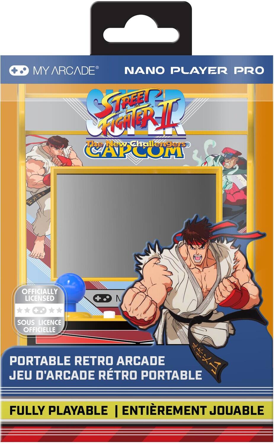 MY ARCADE  
NANO PLAYER PRO  

STREET FIGHTER II  
The New Challengers  
CAPCOM  

OFFICIALLY LICENSED  
SOUIS LICENCE OFFICIELLE  

PORTABLE RETRO ARCADE  
JEU D'ARCADE RÉTRO PORTABLE  

FULLY PLAYABLE  
ENTIÈREMENT JOUABLE