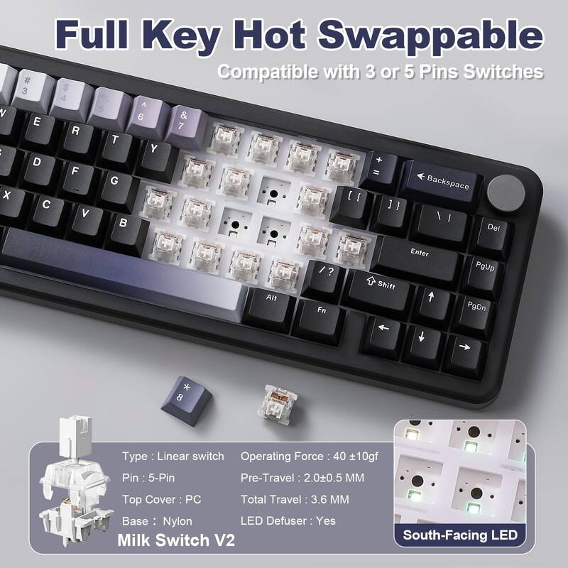 Full Key Hot Swappable  
Compatible with 3 or 5 Pins Switches

Type: Linear switch  
Pin: 5-Pin  
Top Cover: PC  
Base: Nylon  
LED Defuser: Yes  
Milk Switch V2  
South-Facing LED

Operating Force: 40 ±10gf  
Pre-Travel: 2.0±0.5 MM  
Total Travel: 3.6 MM