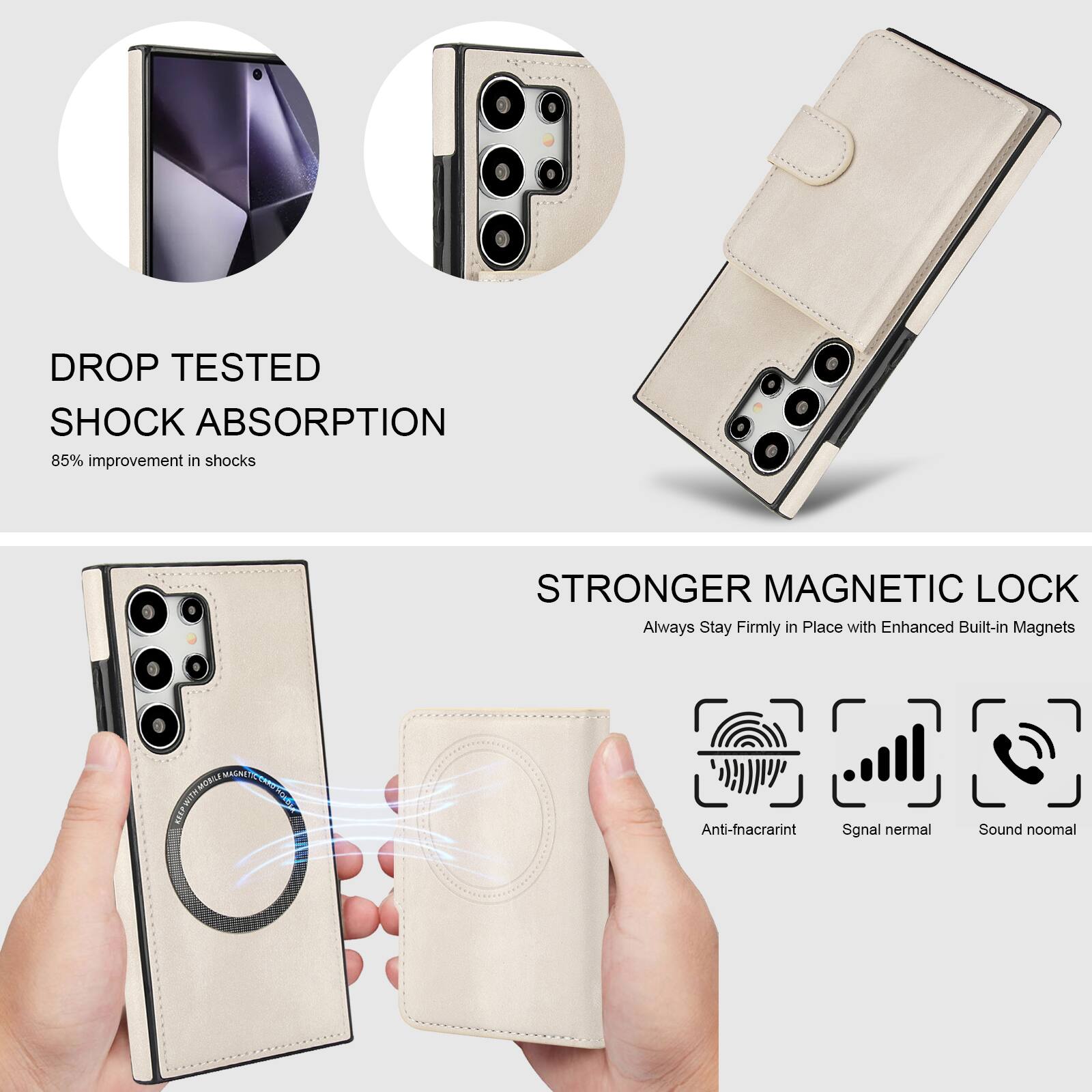 DROP TESTED  
SHOCK ABSORPTION  
85% improvement in shocks  

STRONGER MAGNETIC LOCK  
Always Stay Firmly in Place with Enhanced Built-in Magnets  

Anti-fingerprint  
Signal normal  
Sound normal