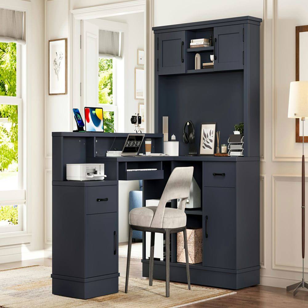 Alt View 8. Kadyn - L-Shaped Computer Corner Desk with Outlet, Drawers & Bookshelf, Gaming Study Writing Desk, Blue - Blue.