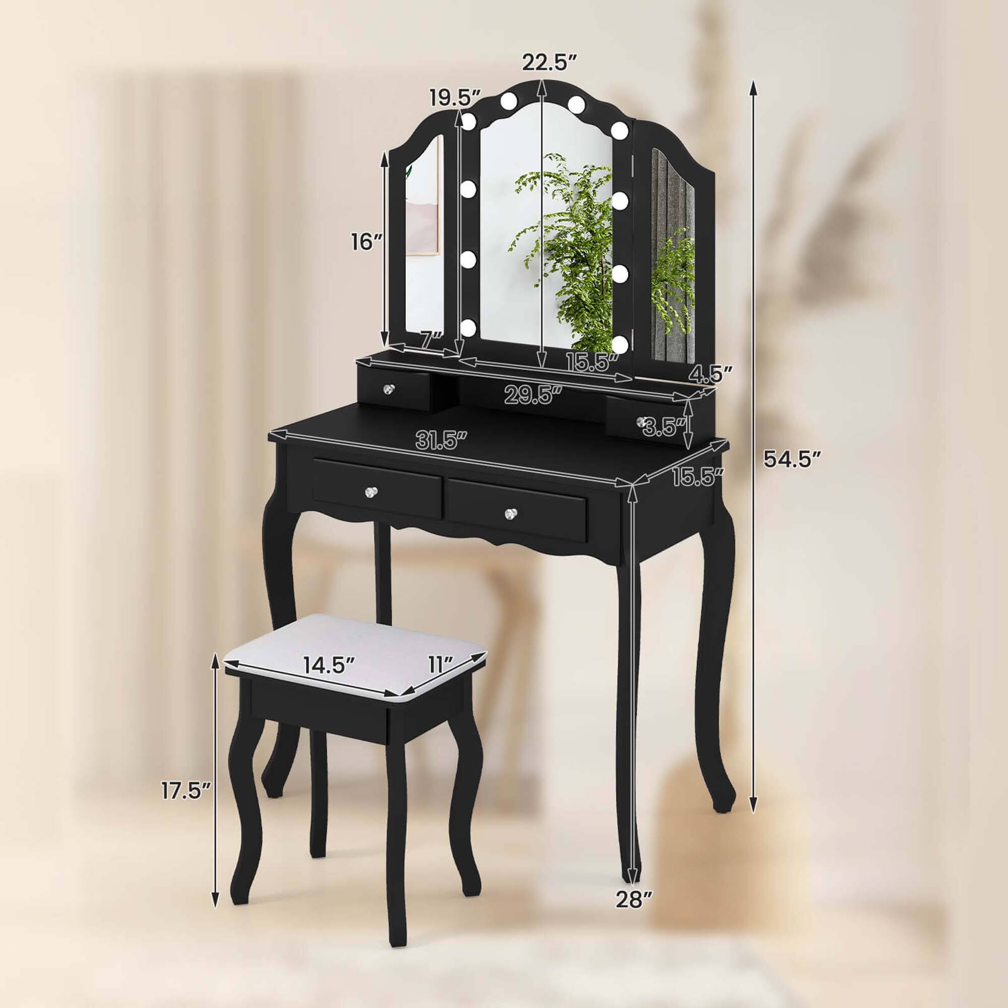 Costway Makeup Vanity Set with Tri Fold Mirror & LED Lights 4 Drawers