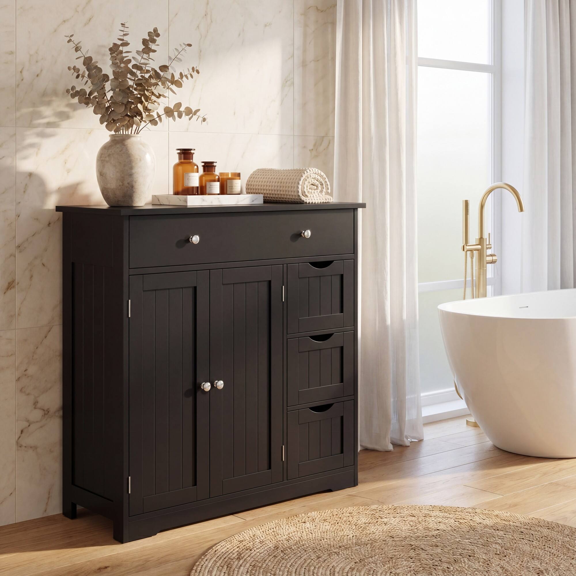Costway - Bathroom Floor Cabinet, Storage Cabinet with 4 Drawers,2 Doors&Adjustable Shelf - Black