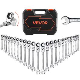 VEVOR - Flex-Head Ratcheting Wrench Set, 24-Piece SAE and Metric, 72 Teeth, Cr-V Steel Ratchet Flexible Combination Wrench Set - Silver