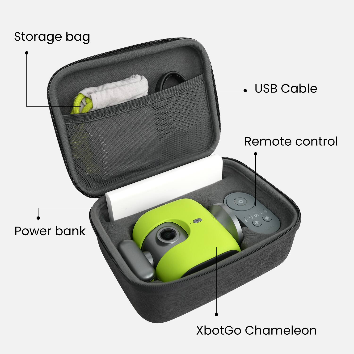 Storage bag  
USB Cable  
Remote control  
Power bank  
XbotGo Chameleon