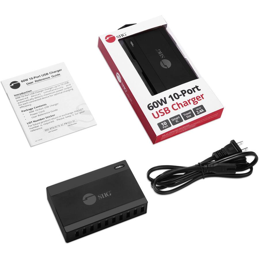 **60W 10-Port USB Charger User Reference Guide**

**Introduction:**
The 60W 10-Port USB Charger is designed to power up to 10 USB devices simultaneously. It automatically detects the connected device and adjusts the output power for optimal charging efficiency.

**Package Contents:**
- 60W 10-Port USB Charger
- User Reference Guide
- Power Reference Sticker
- LOT number sticker (keep for future product reference)

**LOT Number:**
Please keep this LOT number for future product reference: AC-PW1G11-5I

**For number reference:**
BYK11TX SUG 01S

**60W 10-Port USB Charger**
- Up to 2.4A
- Smart IC
- Travel Size

**10 Port**

**Reference:**
www.sigg.com