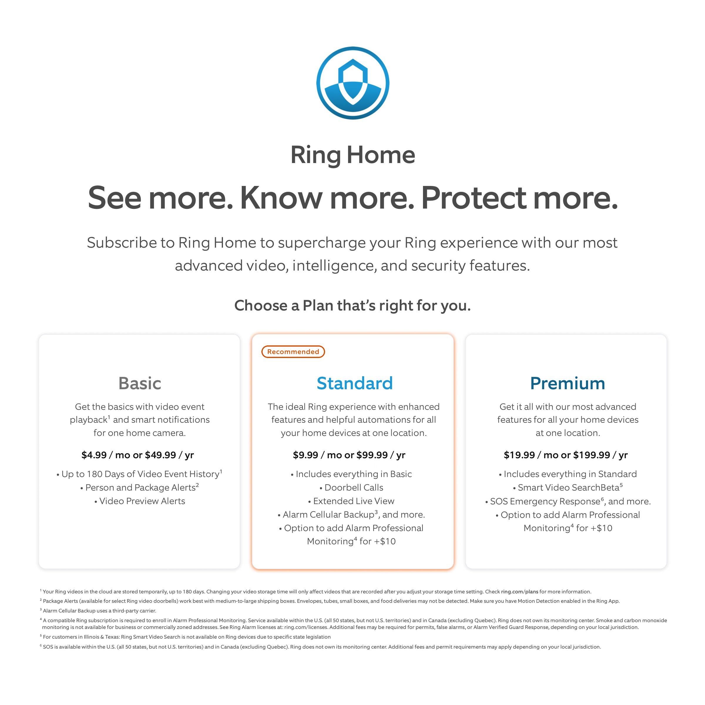 Ring Home  
See more. Know more. Protect more.  

Subscribe to Ring Home to supercharge your Ring experience with our most advanced video, intelligence, and security features.  

Choose a Plan that's right for you.  

**Basic**  
Get the basics with video event playback and smart notifications for one home camera.  
$4.99/mo or $49.99/yr  
- Up to 180 Days of Video Event History*  
- Person and Package Alerts*  
- Video Preview Alerts  

**Standard**  
The ideal Ring experience with enhanced features and helpful automations for all your home devices at one location.  
$9.99/mo or $99.99/yr  
- Includes everything in Basic  
- Extended Live View  
- Alarm Cellular Backup*  
- Option to add Alarm Professional Monitoring* for +$10  

**Premium**  
Get it all with our most advanced features for all your home devices at one location.  
$19.99/mo or $199.99/yr  
- Includes everything in Standard  
- Smart Video SearchBeta*  
- SOS Emergency Response*, and more.  
- Option to add Alarm Professional Monitoring* for +$