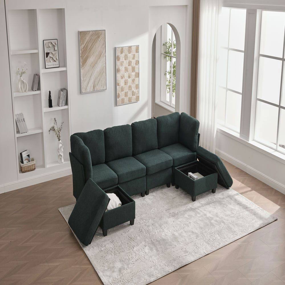 Alt View 10. Kadyn - U-Shaped 6-Seat Sectional, Configurable Modular Couch with Chaise and Storage Ottoman, Emerald - Green.