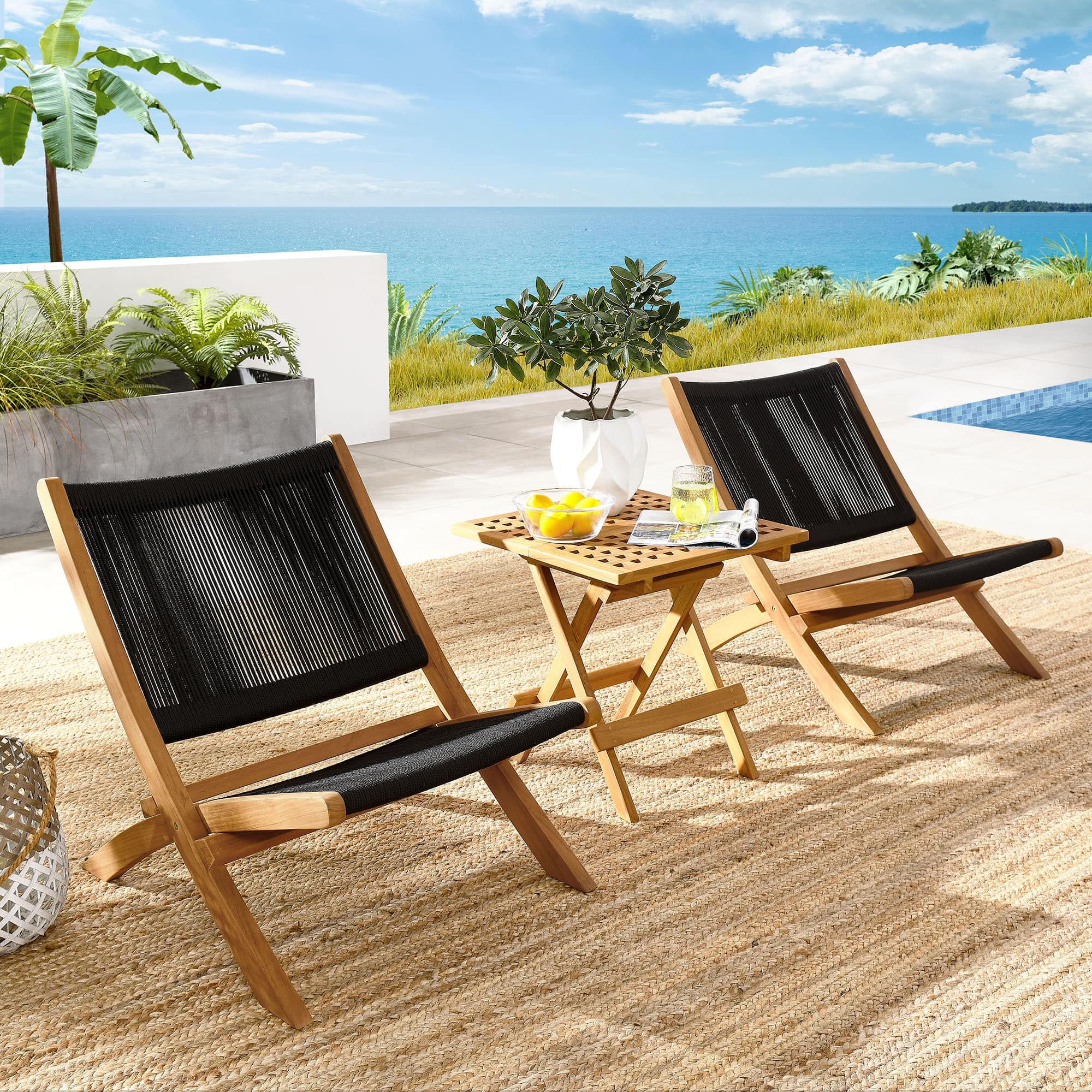 Vienna 3-Piece Outdoor Patio Teak and Rope Folding Lounge Chairs and Side Table by Modway - Natural Black