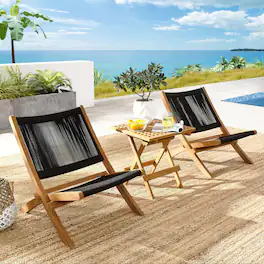 Vienna 3-Piece Outdoor Patio Teak and Rope Folding Lounge Chairs and Side Table by Modway - Natural Black
