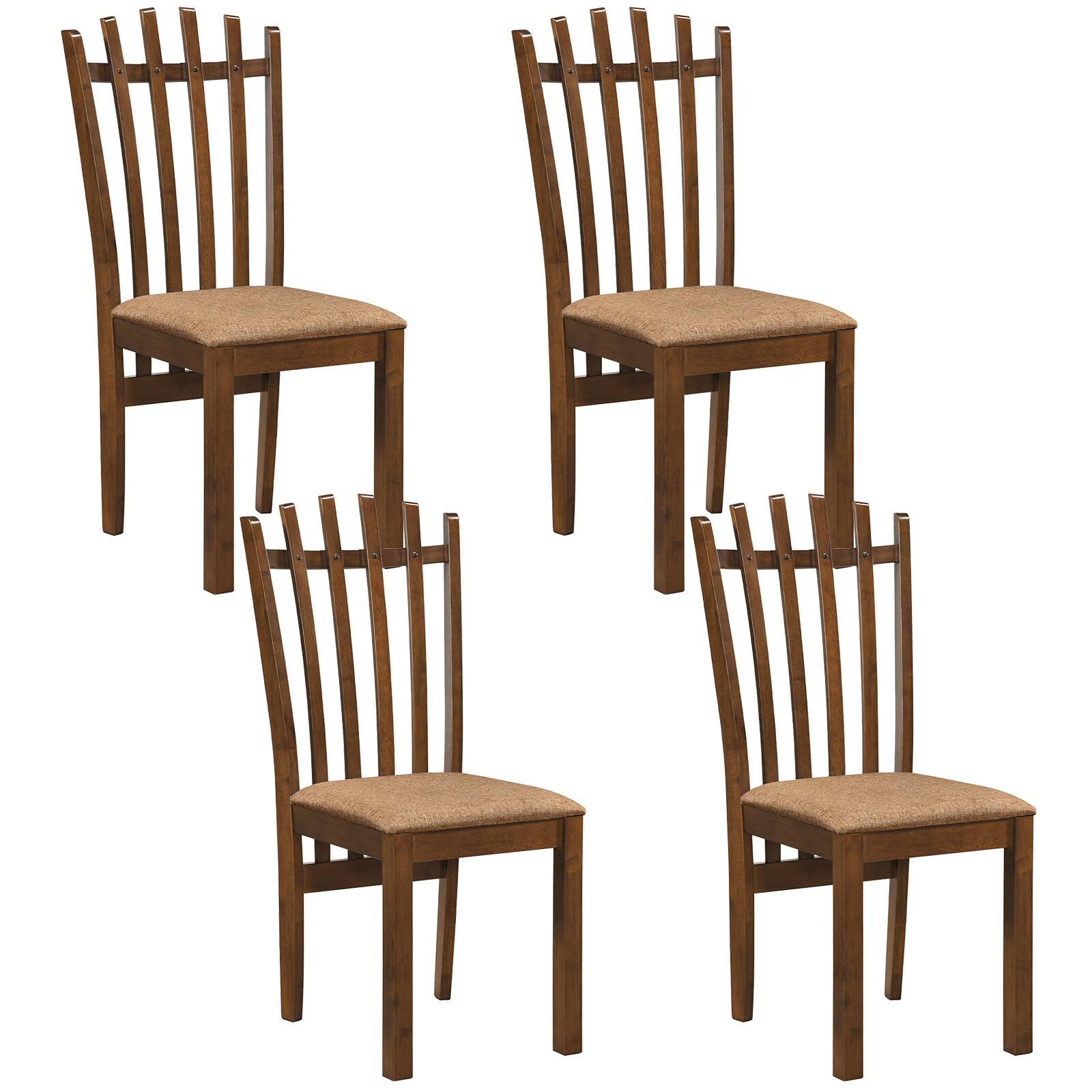 Front. Costway - Costway 4 PCS Rubber Wood Slat Back Kitchen Dining Chairs Linen Fabric Upholstered Seat - Walnut+Brown.
