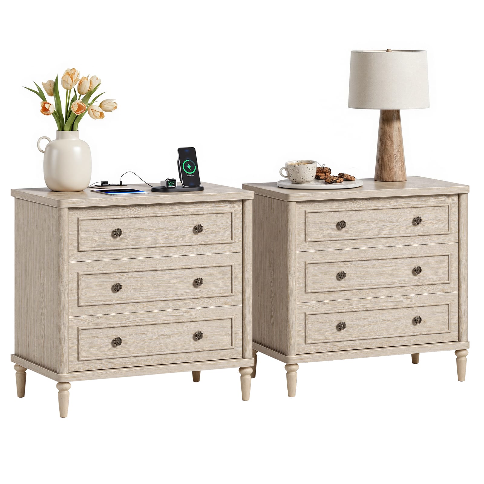 Bestier - 3 Drawer Farmhouse Nightstand Set of 2 , Mid-Century Fluted Bedside Table with Charging Station - Sunlit Oak