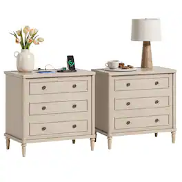 Bestier - 3 Drawer Farmhouse Nightstand Set of 2 , Mid-Century Fluted Bedside Table with Charging Station - Sunlit Oak