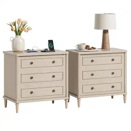 Front. Bestier - 3 Drawer Farmhouse Nightstand Set of 2 , Mid-Century Fluted Bedside Table with Charging Station - Sunlit Oak.