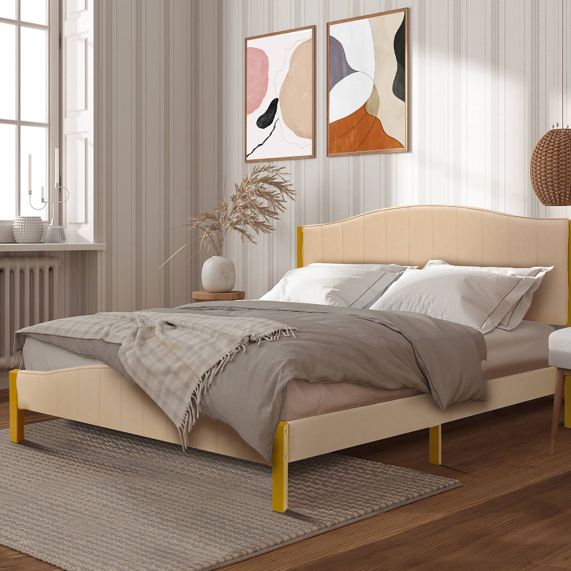 Alt View 4. Costway - Costway Queen Size Upholstered Bed Frame Mattress Foundation Platform Quilted Headboard - Gold,Beige.