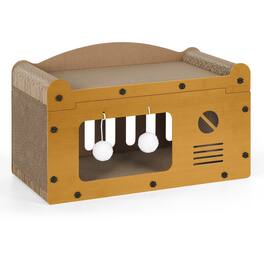 Oumilen - Cat House with Scratcher Pad | 2-in-1 Corrugated Cardboard Cat Cave with Pom Pom Toys, Indoor Cat Bed