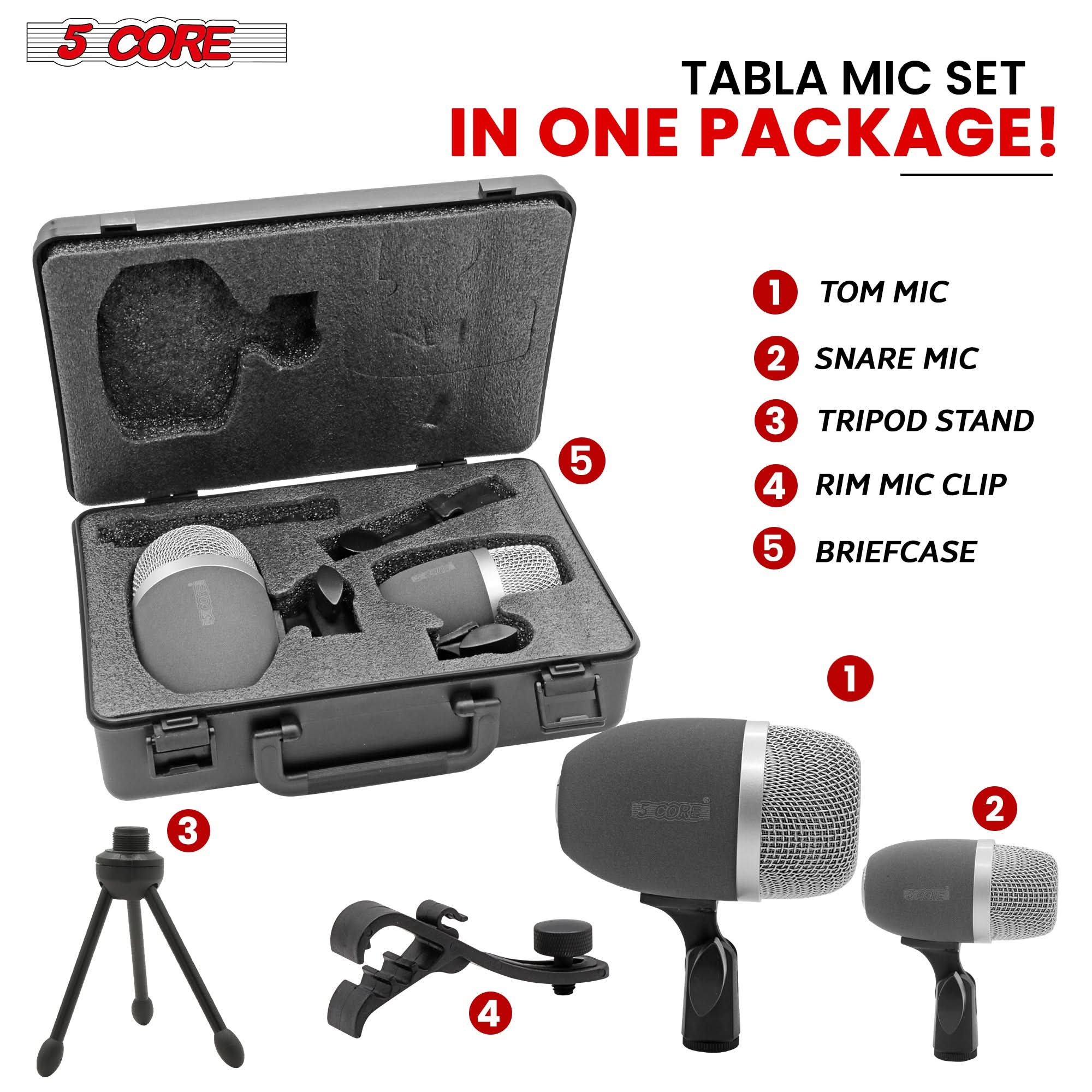 5 CORE

TABLA MIC SET IN ONE PACKAGE!

1. TOM MIC
2. SNARE MIC
3. TRIPOD STAND
4. RIM MIC CLIP
5. BRIEFCASE