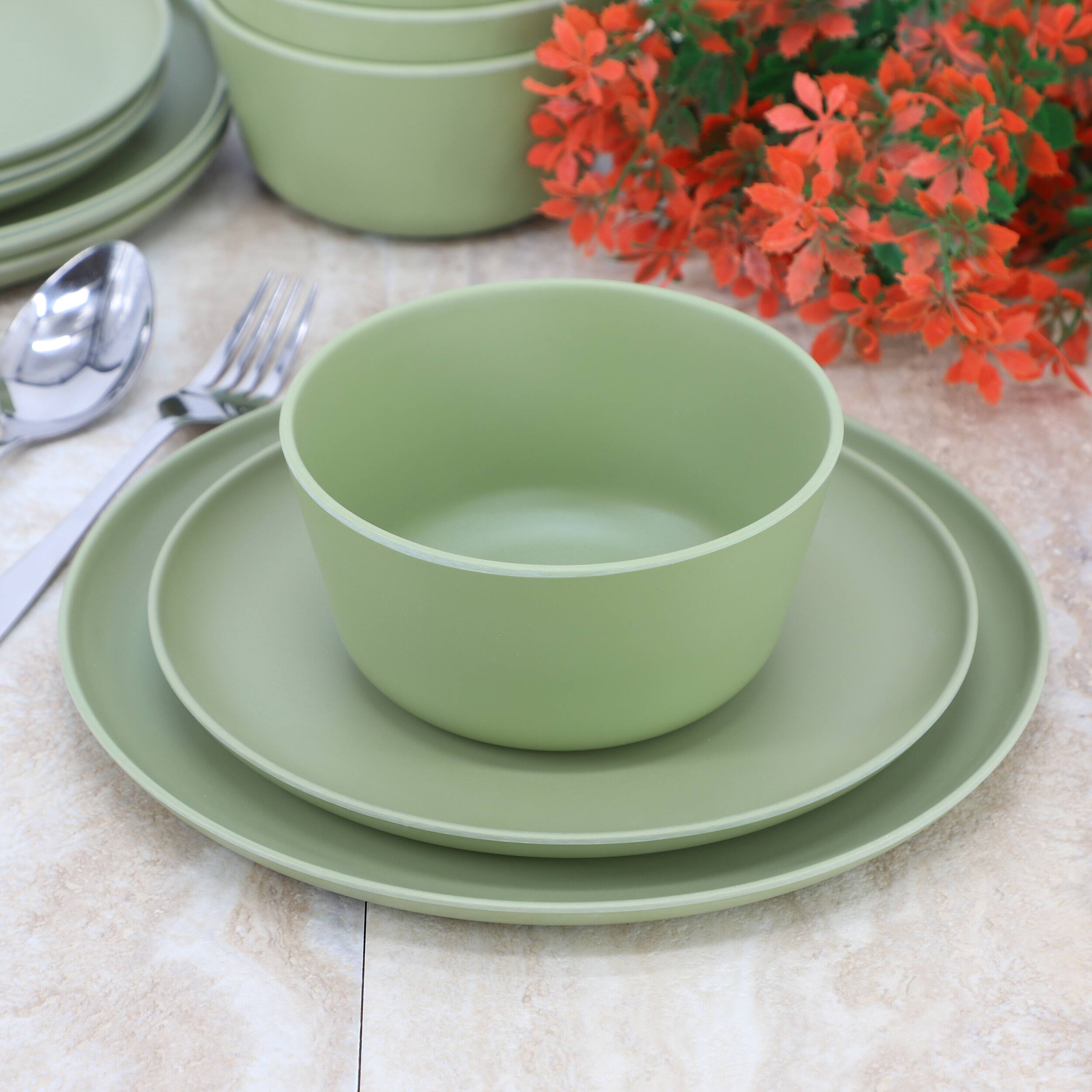 Alt View 6. Gibson - Gibson Home Fairhope 12 Piece Melamine Round Dinnerware Set in Matte Green - Green.