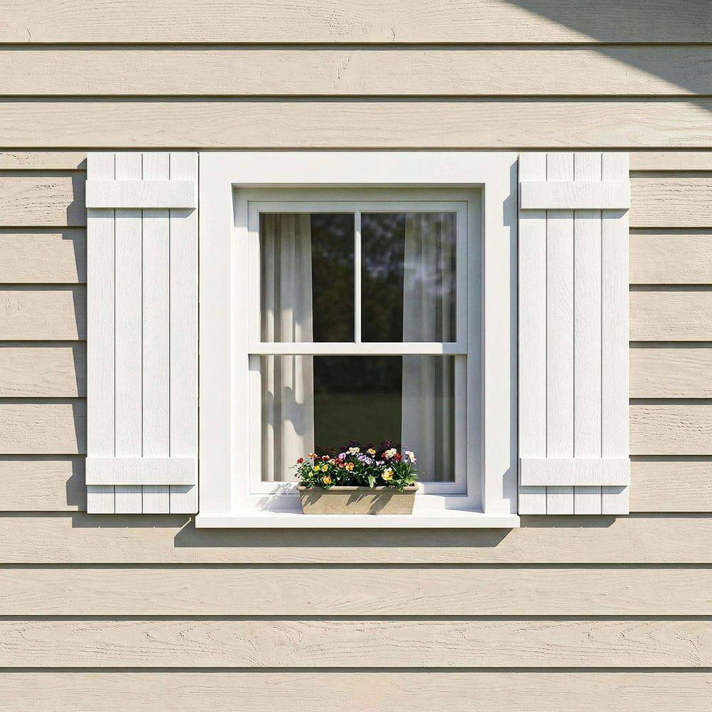 Left. Kadyn - Classic Board & Batten Faux Shutters with 2 Horizontal Bars for Timeless and Durable Exterior Elegance, 14"x31", White - White.