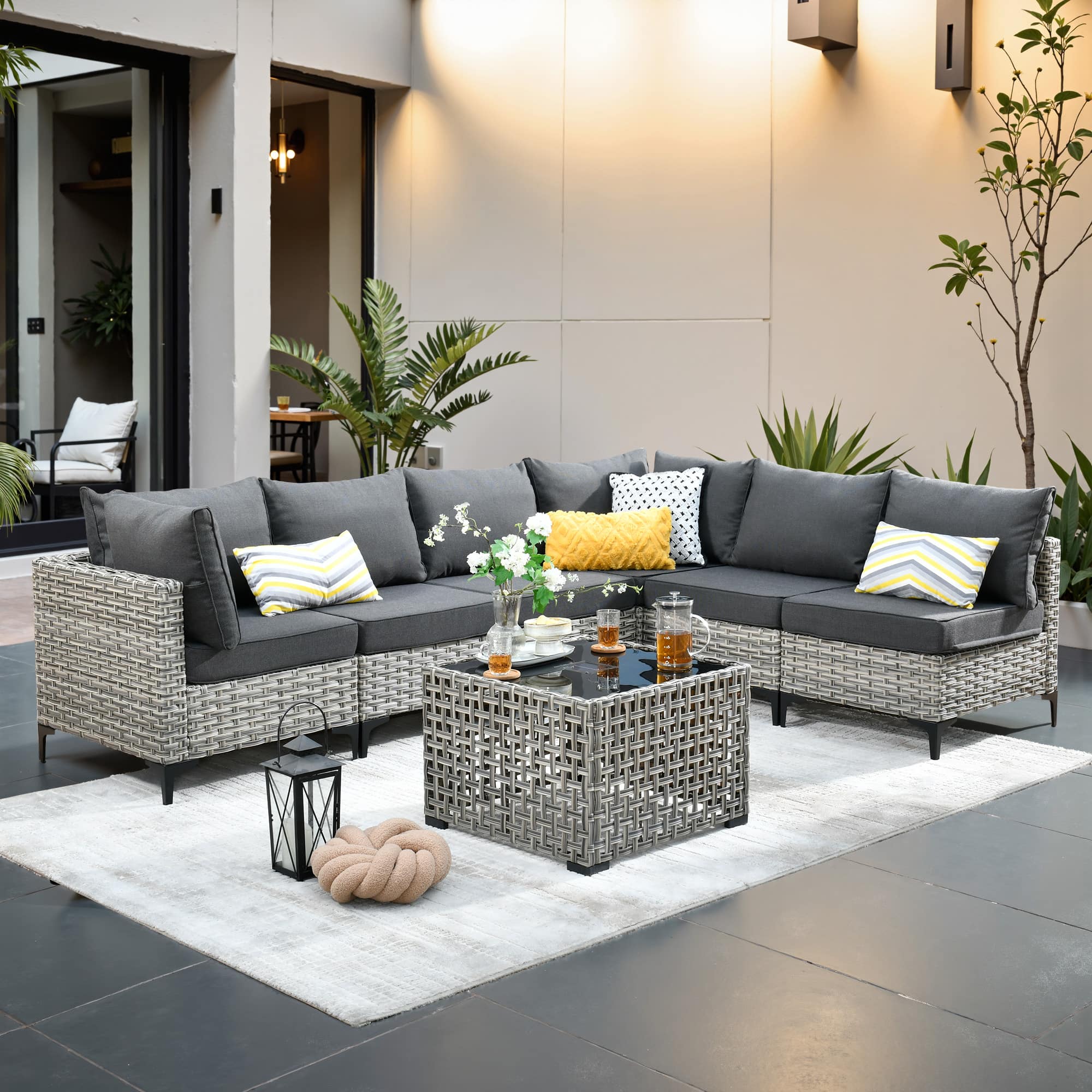 Ovios - 7 PCS Outdoor Patio Furniture Rattan Sectional Sofa with Coffee Table for Backyard - Black