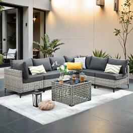 Ovios - 7 PCS Outdoor Patio Furniture Rattan Sectional Sofa with Coffee Table for Backyard - Black