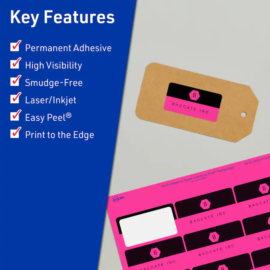 Avery Rectangle Labels, Neon Magenta, 1 13/16