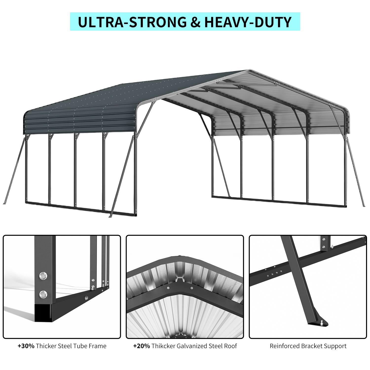 ULTRA-STRONG & HEAVY-DUTY

+30% Thicker Steel Tube Frame
+20% Thicker Galvanized Steel Roof
Reinforced Bracket Support