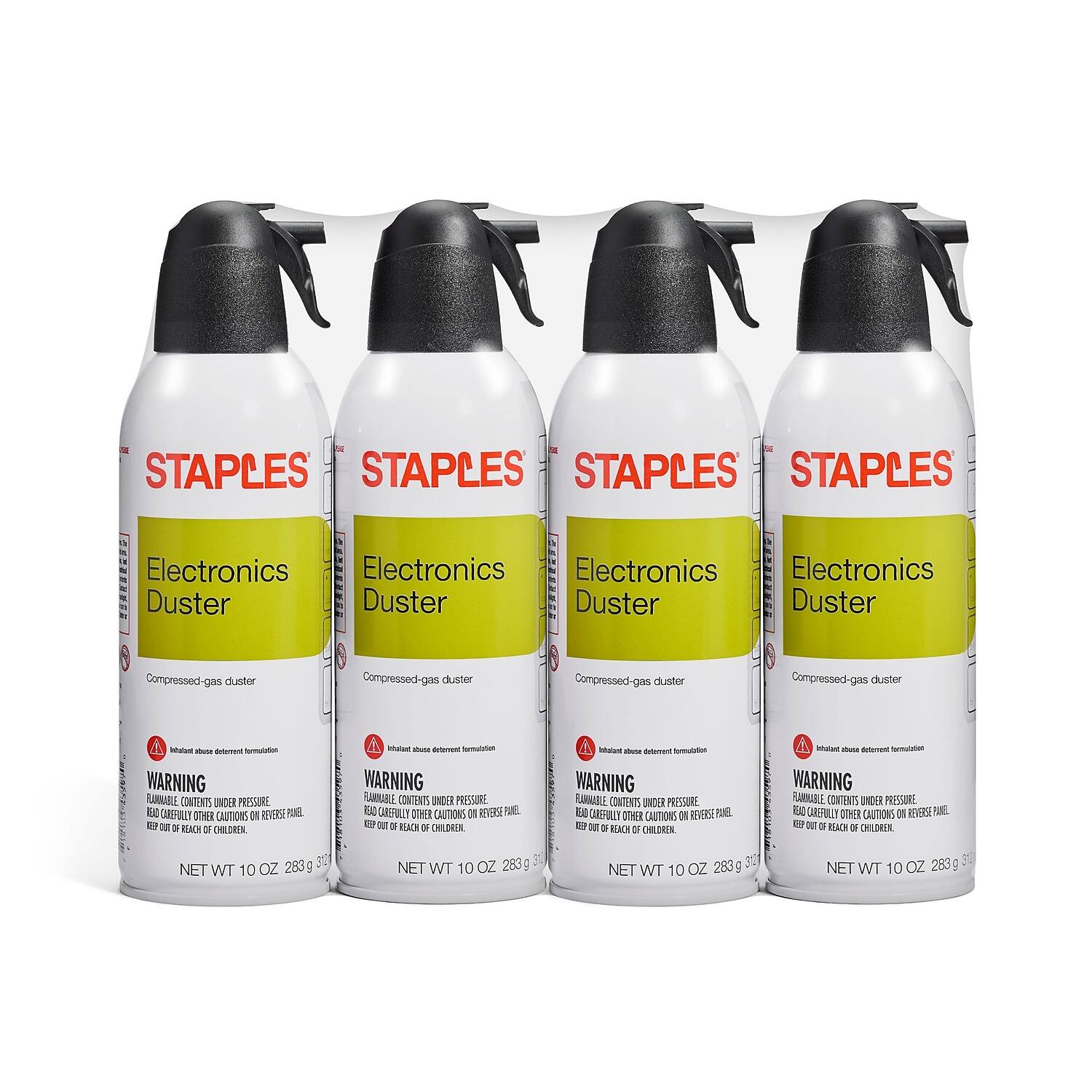STAPLES  
Electronics Duster  
Compressed-gas duster  

WARNING  
FLAMMABLE CONTENTS UNDER PRESSURE  
READ CAREFULLY OTHER CAUTIONS ON REVERSE PANEL.  
KEEP OUT OF REACH OF CHILDREN.  

NET WT 10 OZ 283 g 30