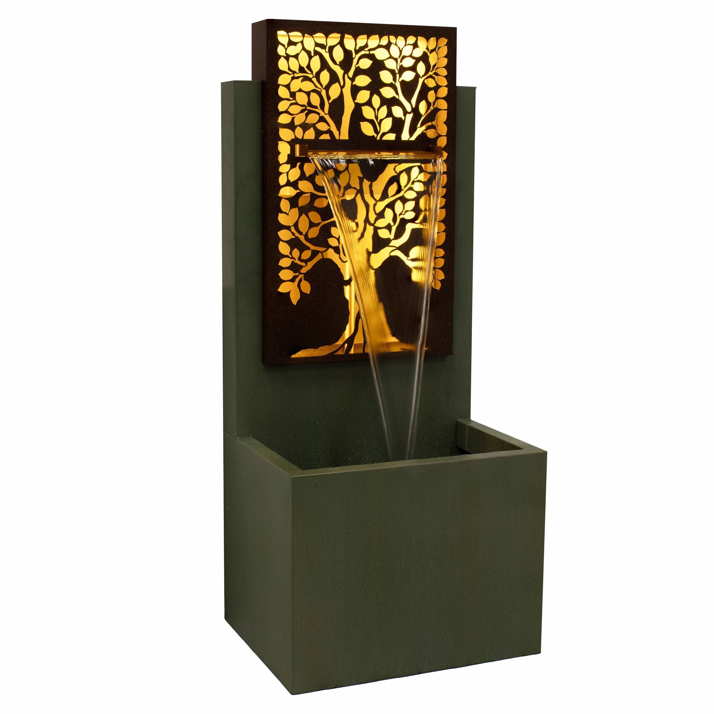 Alt View 8. Sunnydaze - Mighty Oak Steel Outdoor Water Fountain with LEDs - 41.25" - Green.