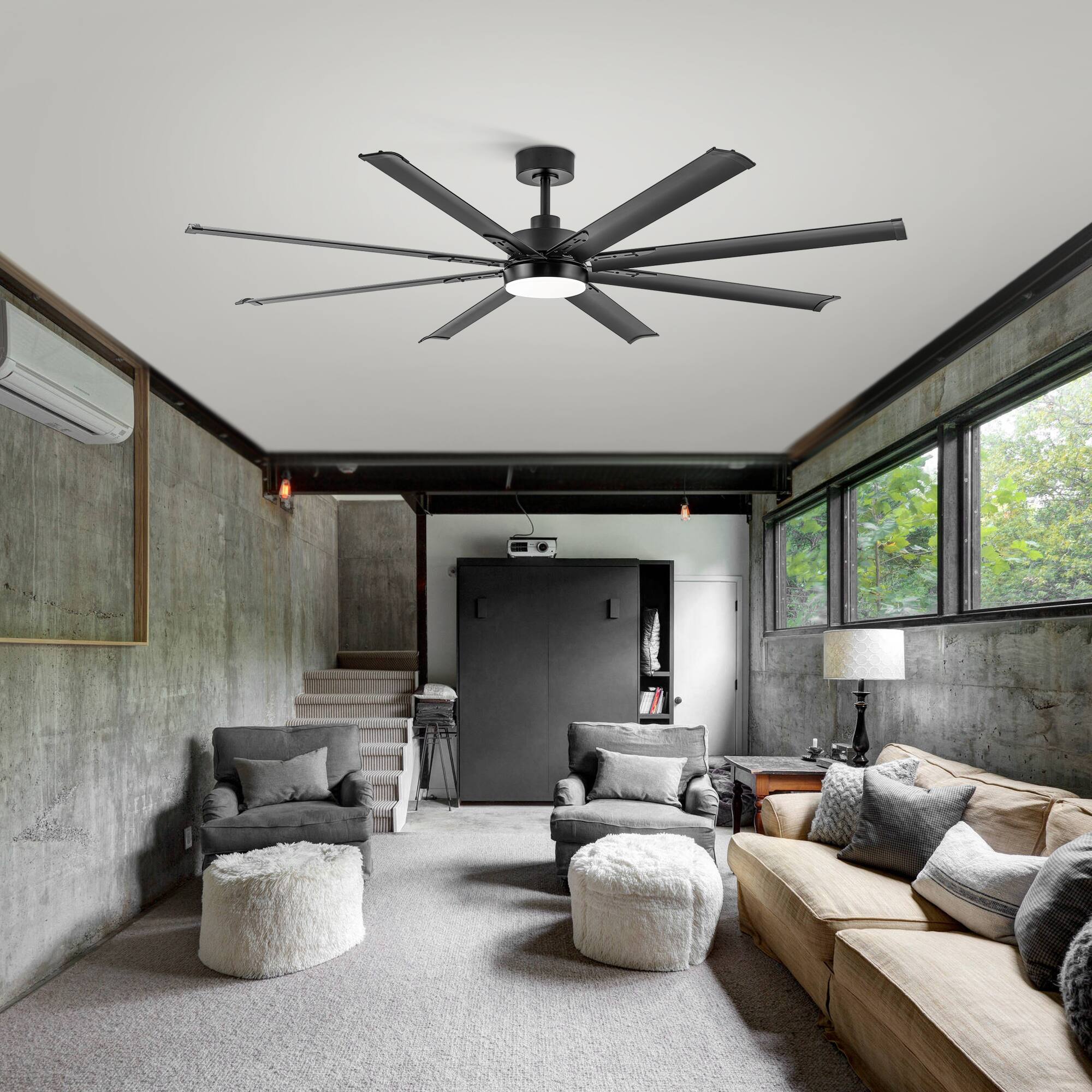 Alt View 2. Breezary - 72-In Large Ceiling Fan with 8 Aluminum Blades, DC Motor, 6-Speed Remote with Timer, 2 Downrods, Light/No Light Option - Black (With Light).