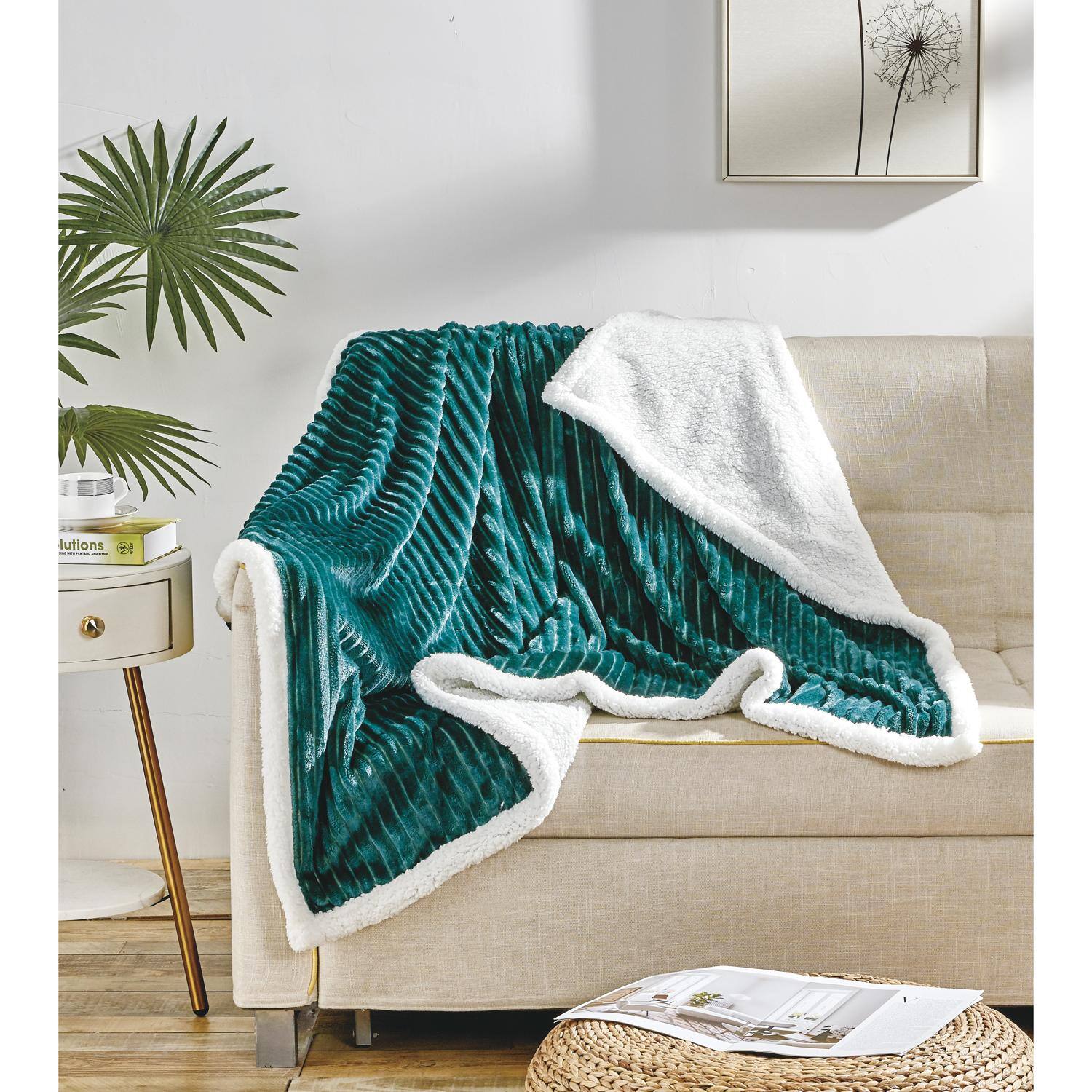 Alt View 1. Noble House - Plazatex Corduroy Faux Sherpa Reverse Throw Blanket - 50x60", Teal - Teal.