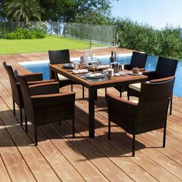 Mondawe - 7 Pieces Rattan Patio Dining Set with Stackable Chairs and Umbrella Hole - Mix Brown