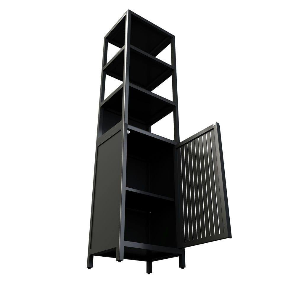 Left. Kadyn - BLACK  Storage Tall Slim Cabinet with Shutter Door and 3 Tier Shelves, Freestanding Linen Tower Cabinet, Natural Bamboo - Black.