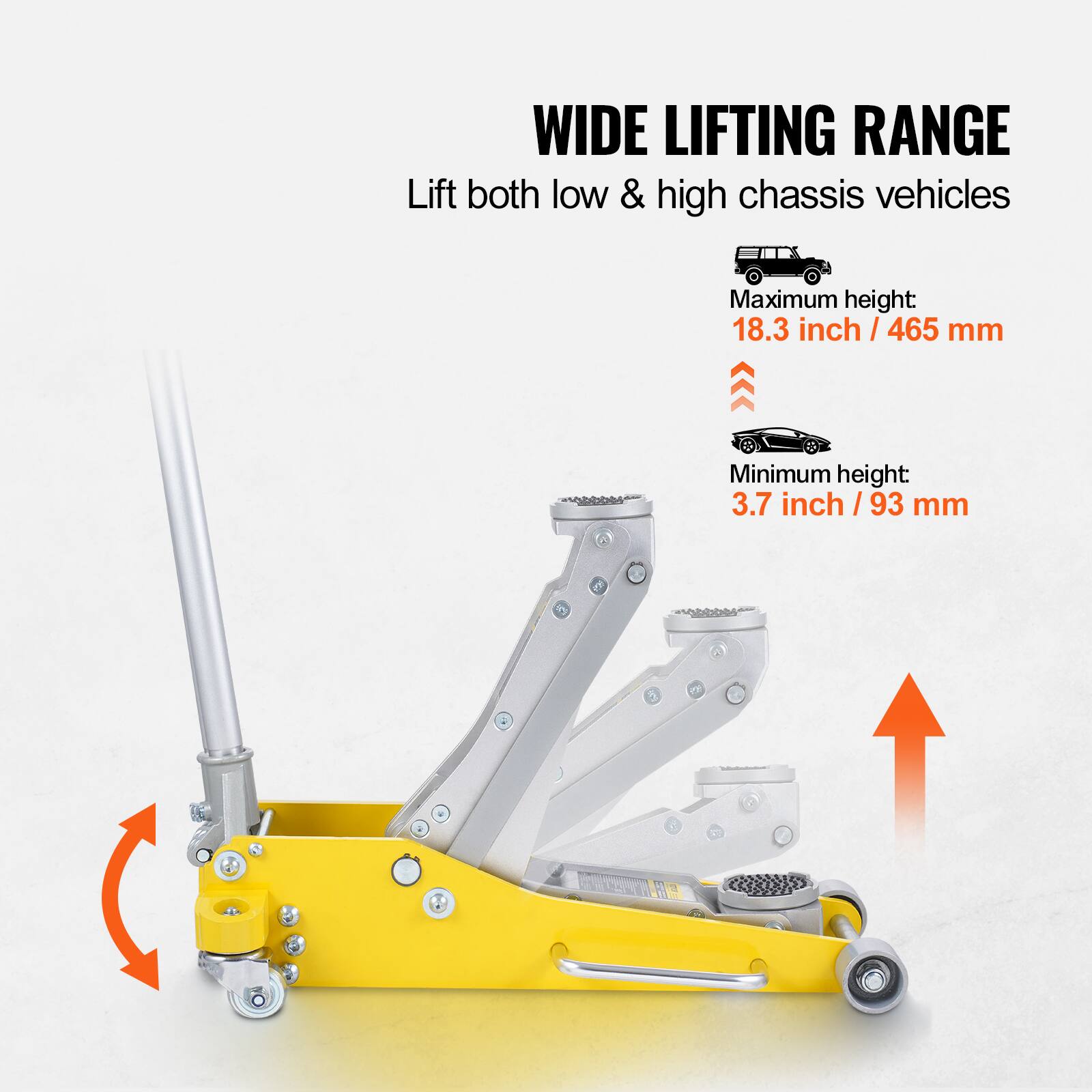WIDE LIFTING RANGE  
Lift both low & high chassis vehicles  
Maximum height: 18.3 inch / 465 mm  
Minimum height: 3.7 inch / 93 mm